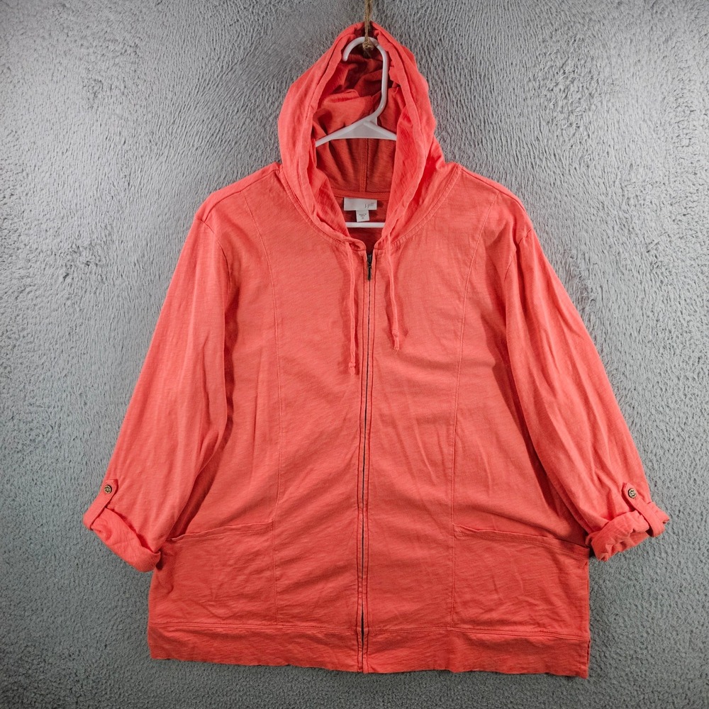 J. Jill Womens XL Coral Orange Full Zip Cotton Slub Knit Hoodie 3/4 Tab Sleeve